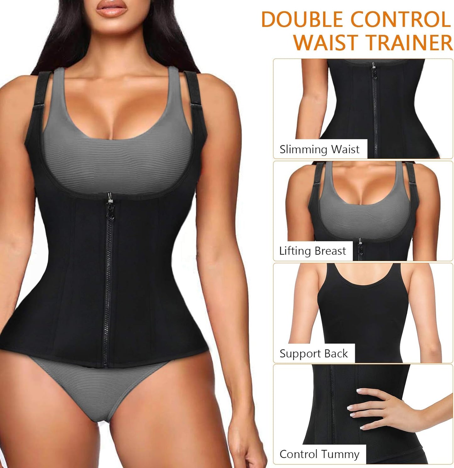 Waist Trainer Women Cincher Corset - Vest Trimmer Body Shaper - Shapewear Sports Girdle Sweat Belt Tank Top with Strap Zipper