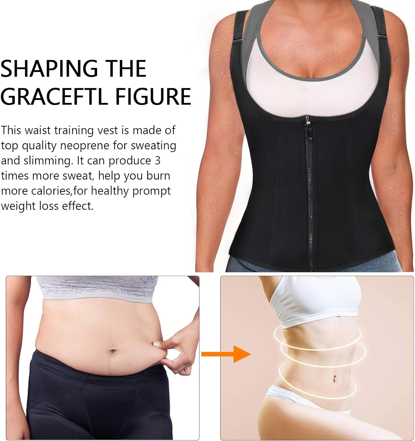 Waist Trainer Women Cincher Corset - Vest Trimmer Body Shaper - Shapewear Sports Girdle Sweat Belt Tank Top with Strap Zipper