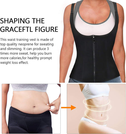 Waist Trainer Women Cincher Corset - Vest Trimmer Body Shaper - Shapewear Sports Girdle Sweat Belt Tank Top with Strap Zipper