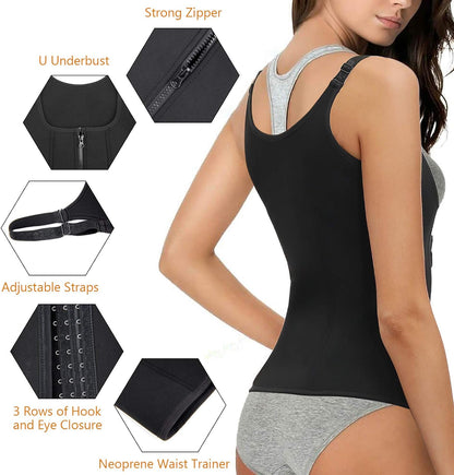 Waist Trainer Women Cincher Corset - Vest Trimmer Body Shaper - Shapewear Sports Girdle Sweat Belt Tank Top with Strap Zipper