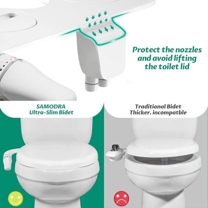 Ultra-Slim Bidet Attachment, Non-Electric Dual Nozzle (Frontal & Rear Wash) Adjustable Water Pressure Fresh Water Bidet Toilet Seat Attachment with Brass Inlet, Easy to Install (White-Silver)