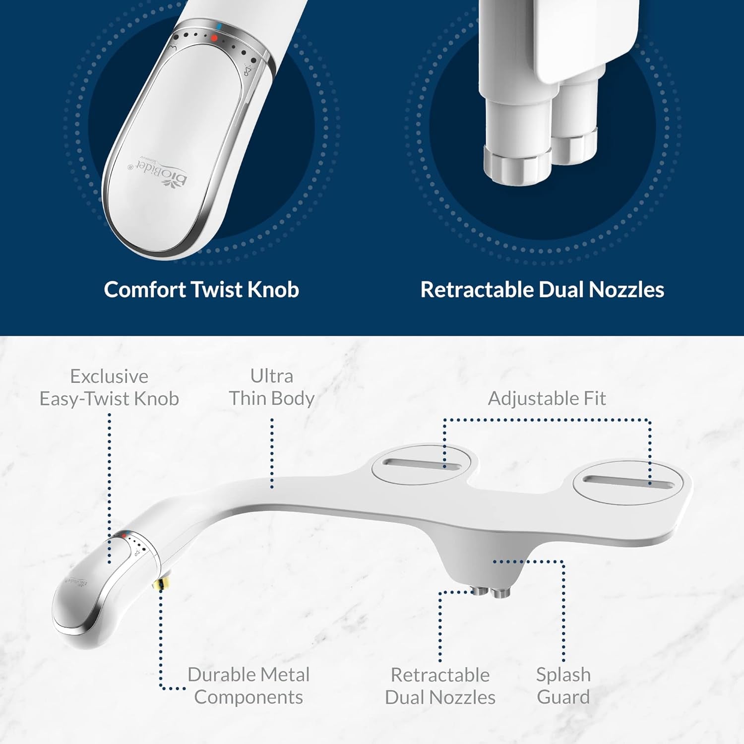 Slimtwist Bidet Attachment for Toilet, Non Electric, Retractable Dual Nozzles, Adjustable Water Pressure, Splash Guard, Easy Install, White